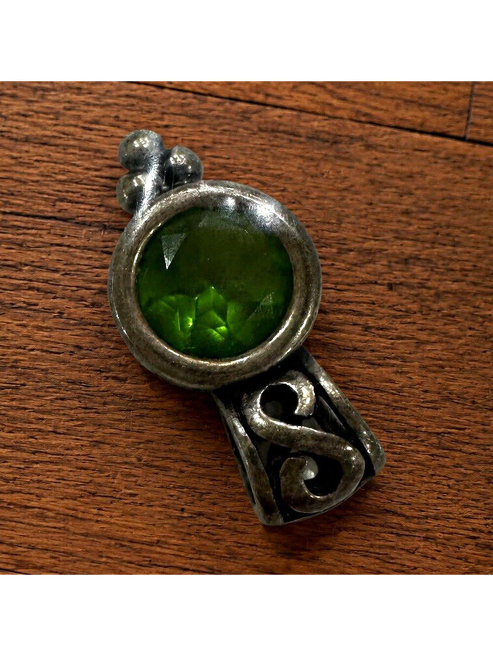 Silver-Tone Green Faceted Glass Scroll Pendant Charm Costume Jewelry